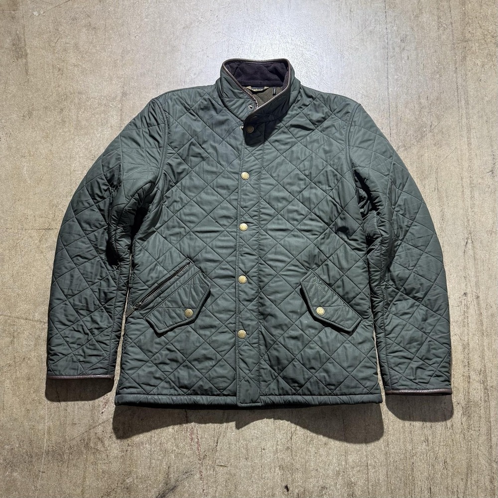 Barbour Jacket Mens Large Green Quilted Snap Front Microfiber Outdoor Hiking